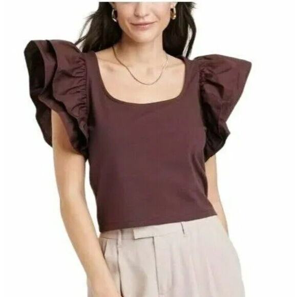 a new day Tops - A New Day Crop Top Double Flutter Short Sleeve Slim Fit Brown Cotton Women’s L